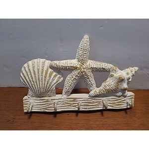 Whitewash Shells Hook Wall Décor Ocean Starfish Shells White Shabby Chic 5 Hooks